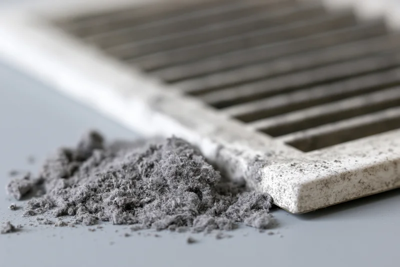 Dirty white plastic air vent register lying on flat gray surface with dust pile beside it