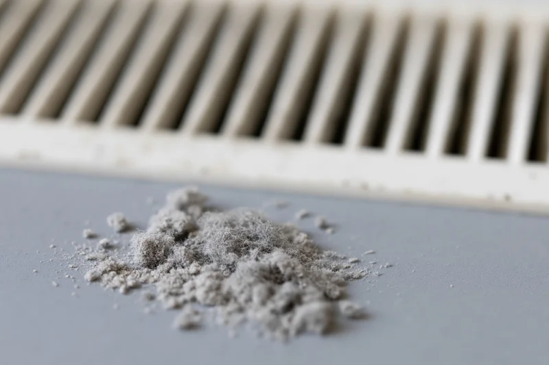 Pile of dust on grey floor near white plastic air vent register