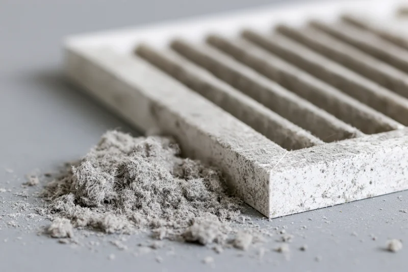 Dirty white plastic air vent register with accumulated dust and fibers on a flat grey surface