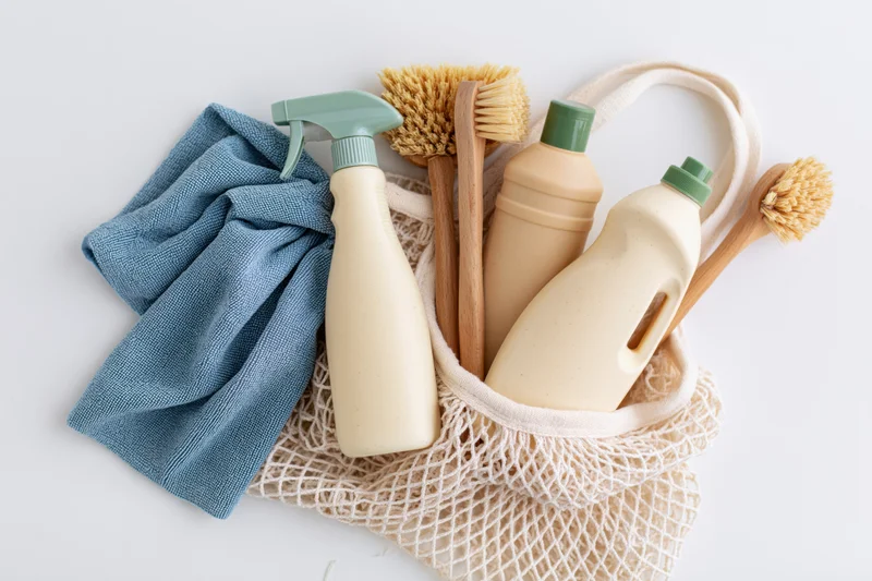 Eco-friendly cleaning supplies arranged in a white mesh bag with cloth and brushes on white background