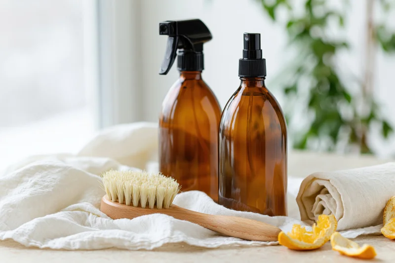Amber glass spray bottles and wooden brush with citrus peels on white cloth near window