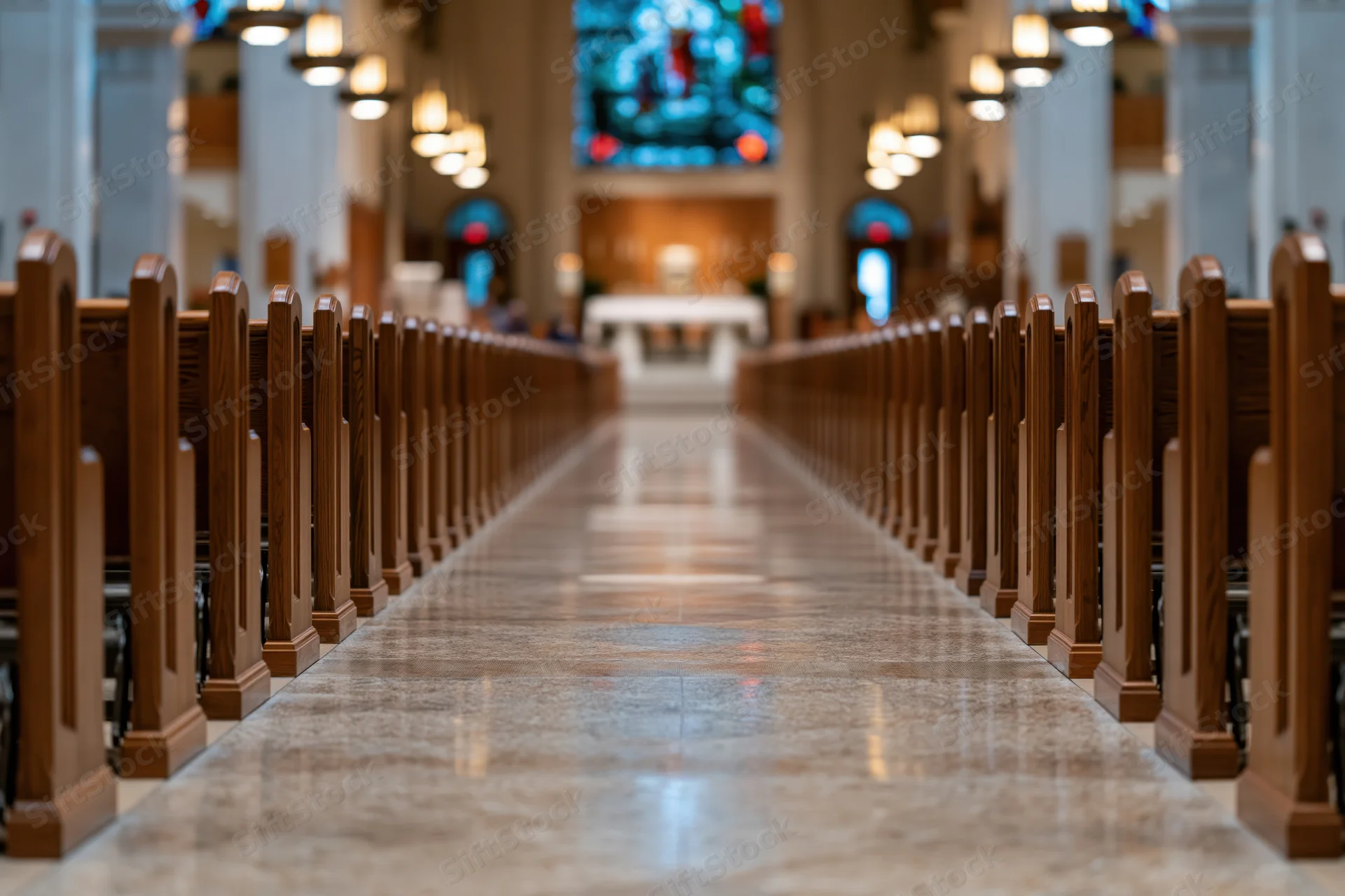 View down the central aisle of a Catholic church nave lined with wooden pews toward the altar and stained glass window