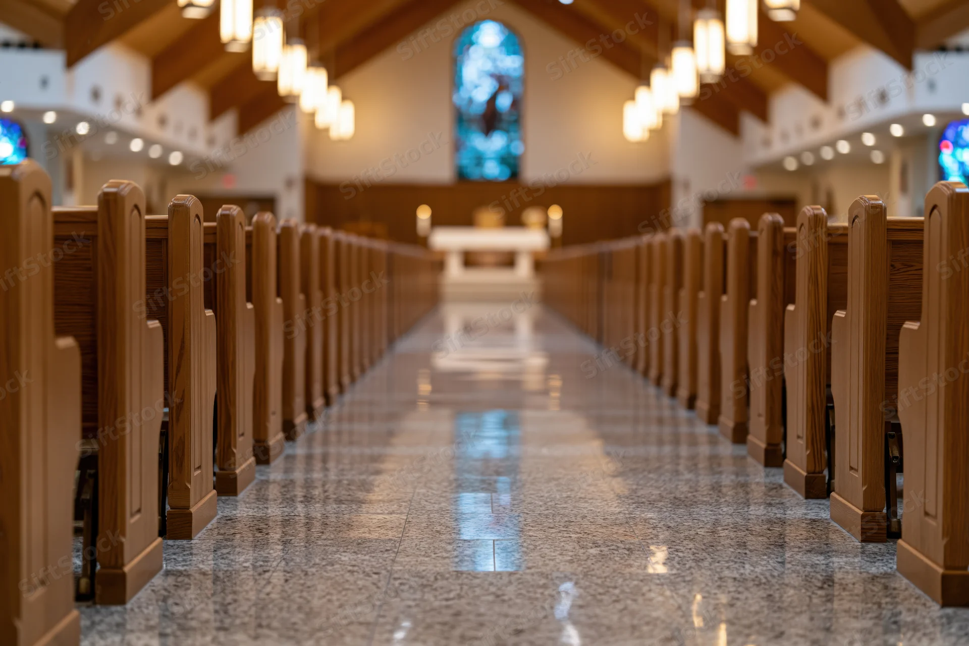 View down the central aisle of a church nave lined with wooden pews toward the altar and stained glass window