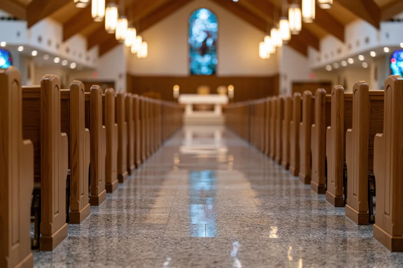 View down the central aisle of a church nave lined with wooden pews toward the altar and stained glass window
