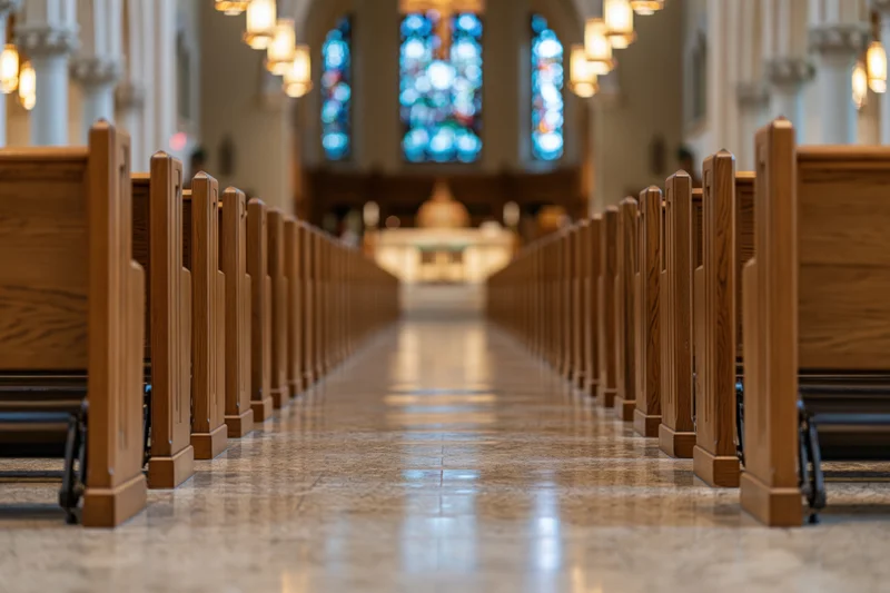 Empty church nave with wooden pews lining a marble aisle leading to the altar under stained glass windows