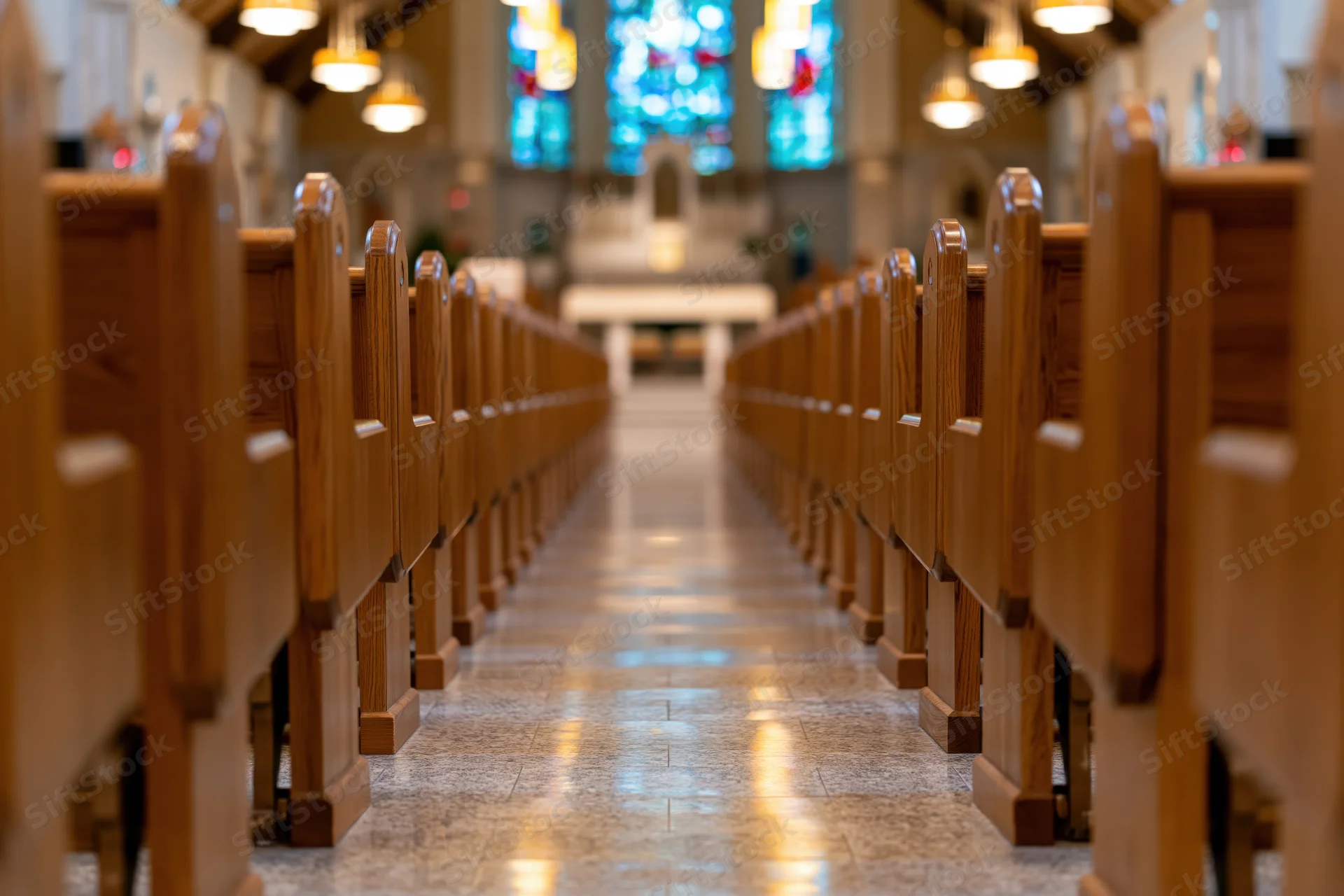 Empty wooden pews lining a tiled aisle in a catholic church nave leading to an altar with stained glass windows above