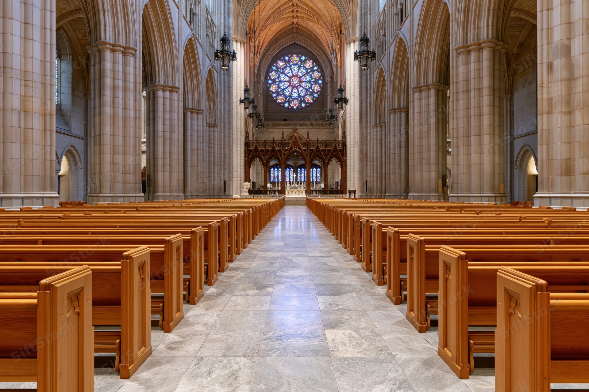 Central aisle of a gothic cathedral nave lined with wooden pews leading to a stained glass rose window and altar