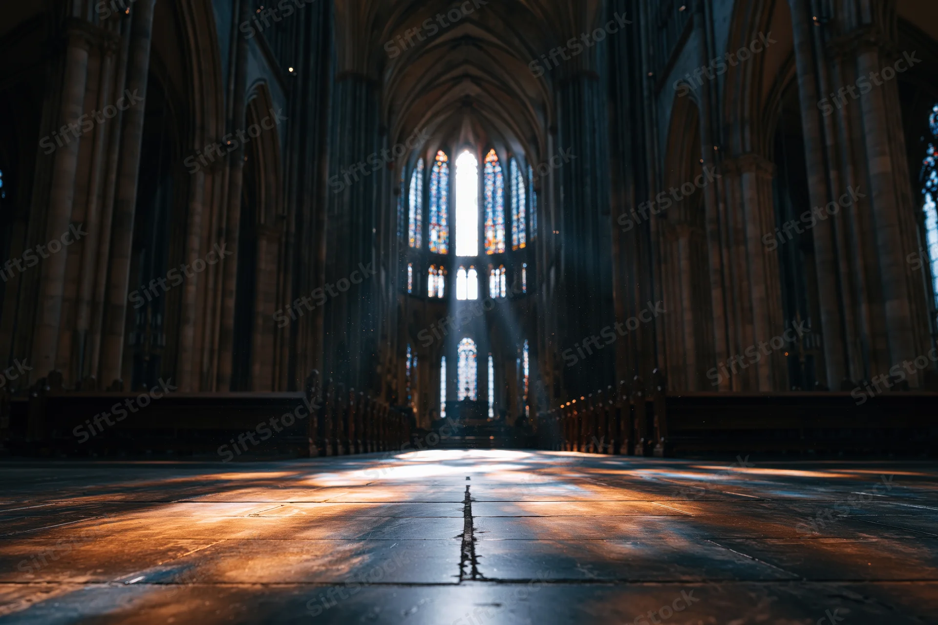 Low-angle view of gothic cathedral interior with sunlight streaming through stained glass toward the altar