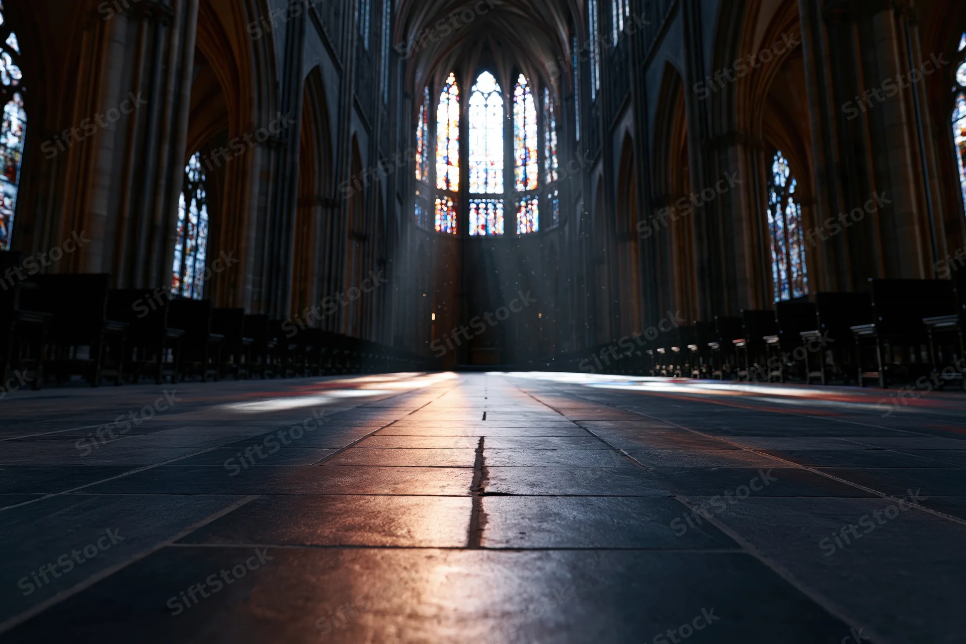 Low-angle view of empty gothic cathedral nave with sunlight streaming through stained glass toward the altar
