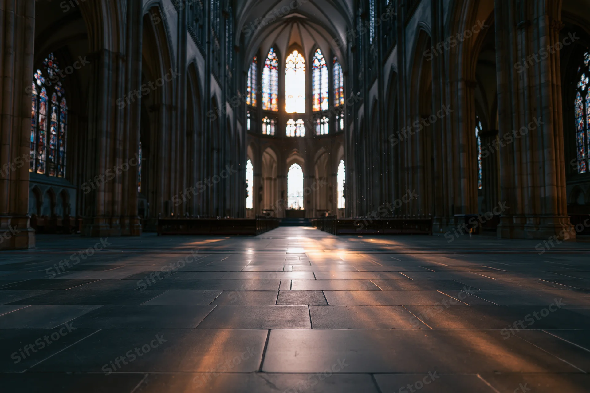 Empty gothic cathedral interior with sunlight streaming through stained glass windows toward the altar