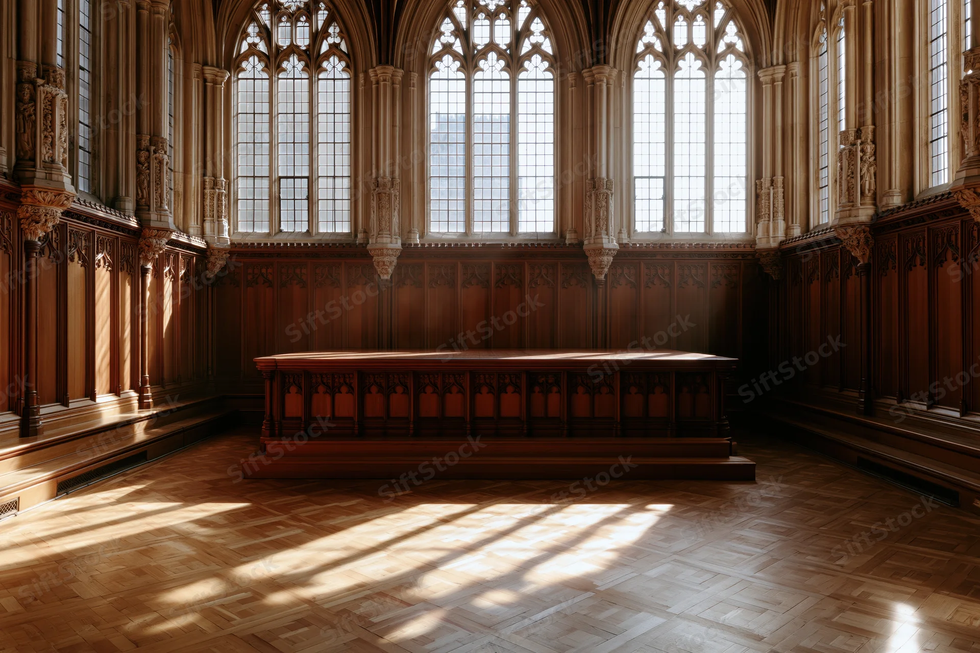 Empty gothic cathedral interior with raised wooden platform and sunlight streaming through arched windows