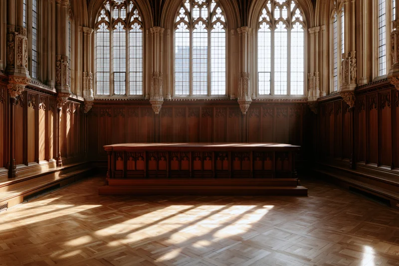 Empty gothic cathedral interior with raised wooden platform and sunlight streaming through arched windows