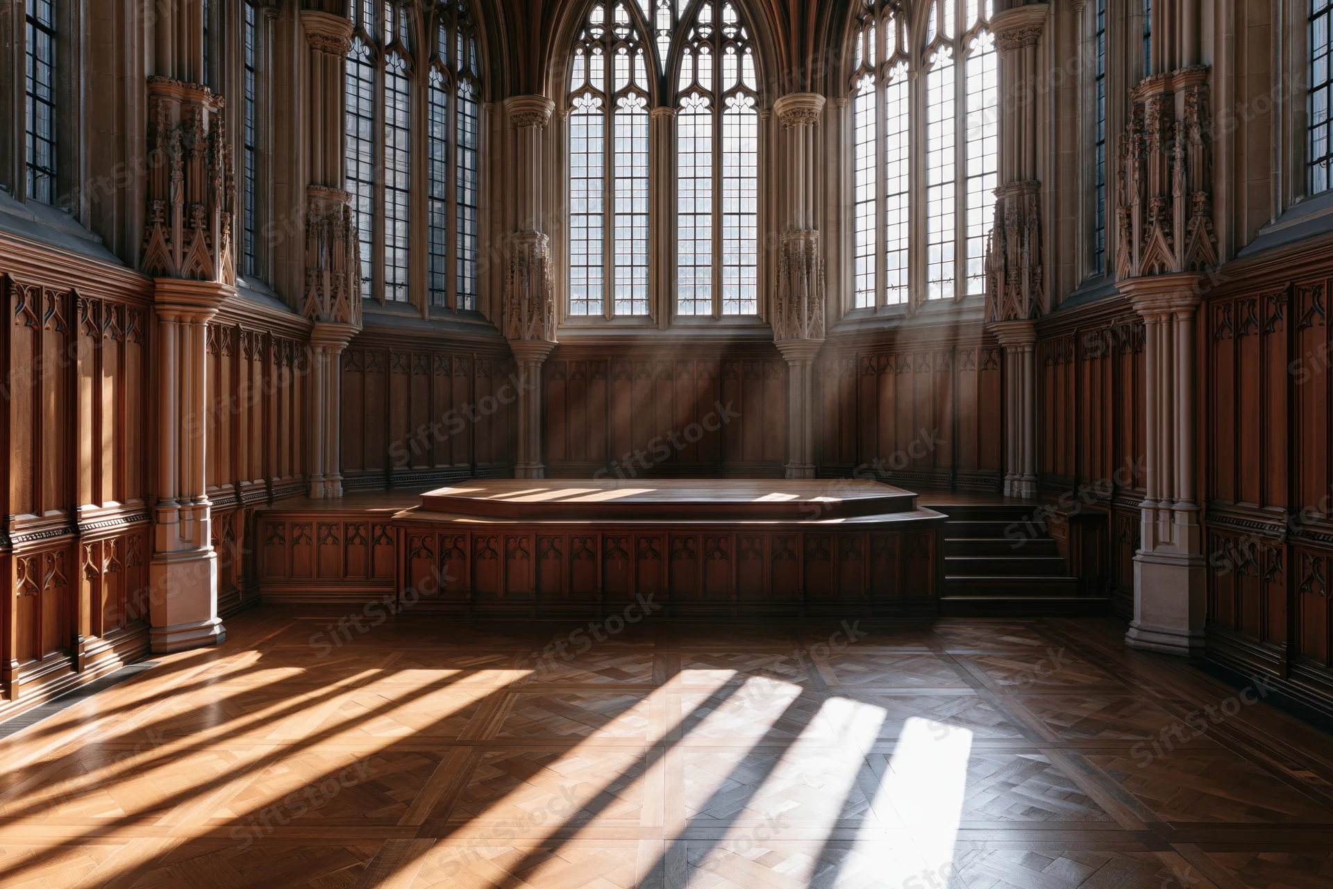 Empty gothic cathedral interior with raised wooden platform and sunlight streaming through tall windows