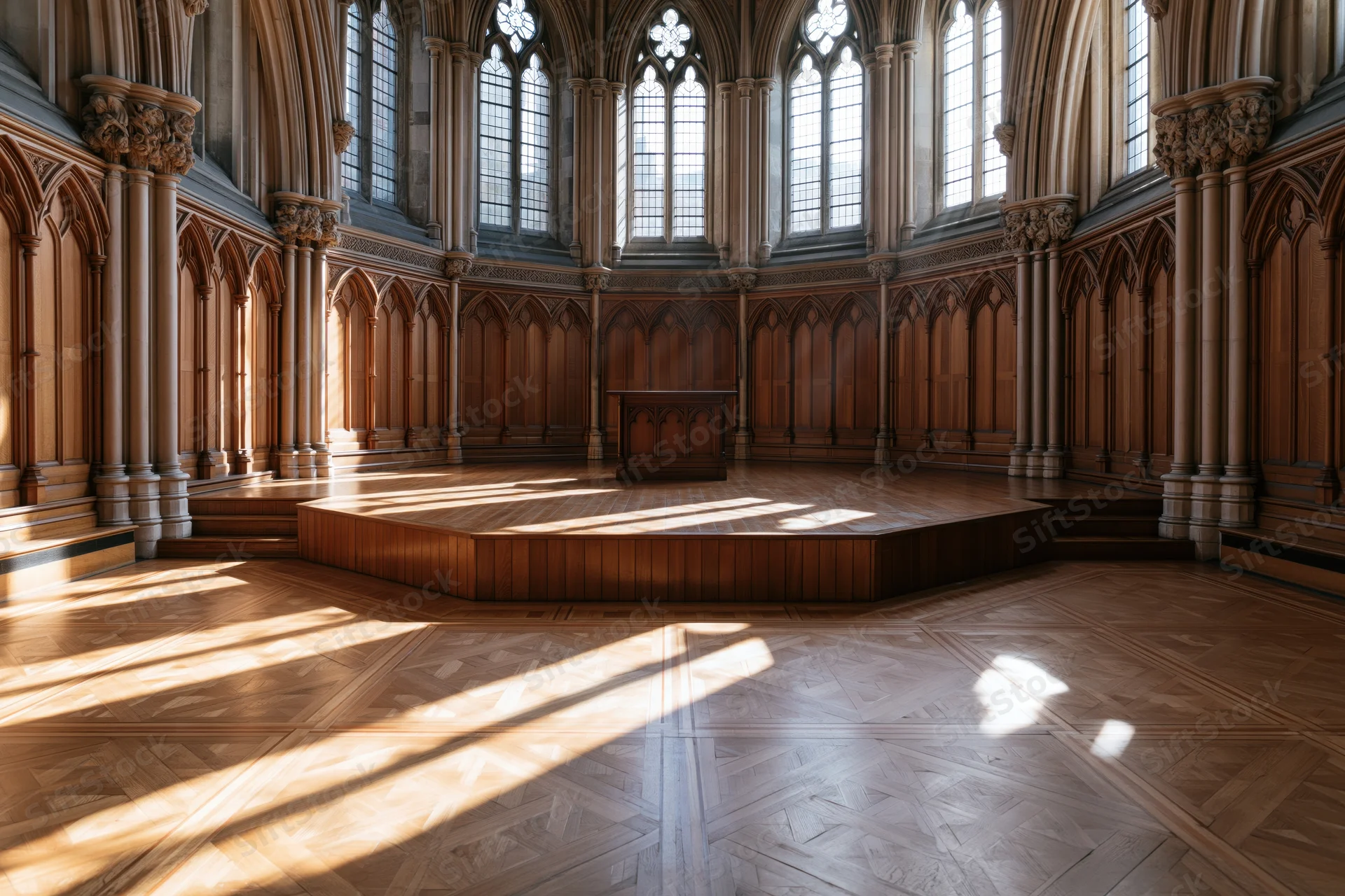 Empty gothic cathedral interior with raised wooden platform and sunlight streaming through stained glass windows