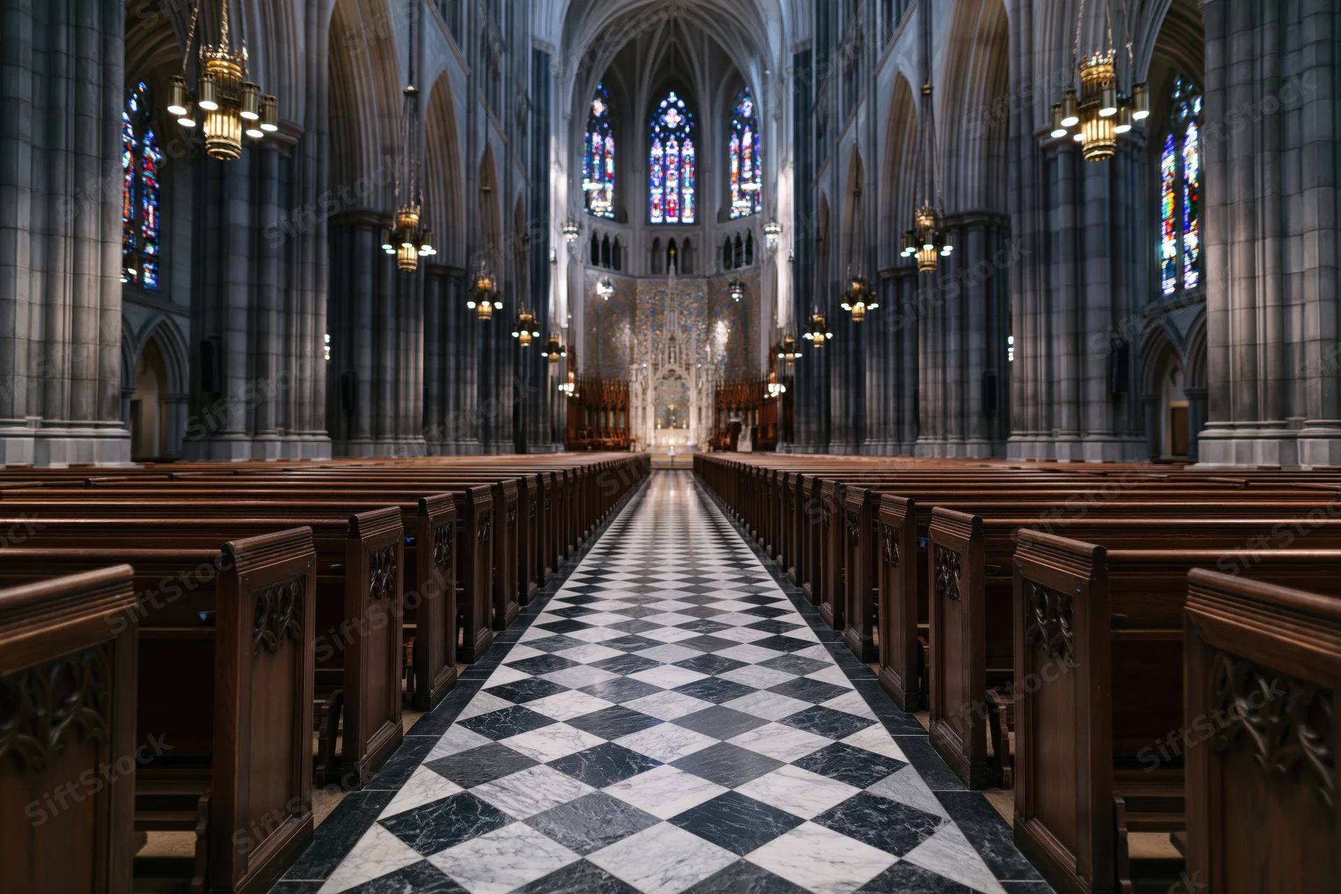 Central aisle of a gothic cathedral nave lined with wooden pews and stained glass windows