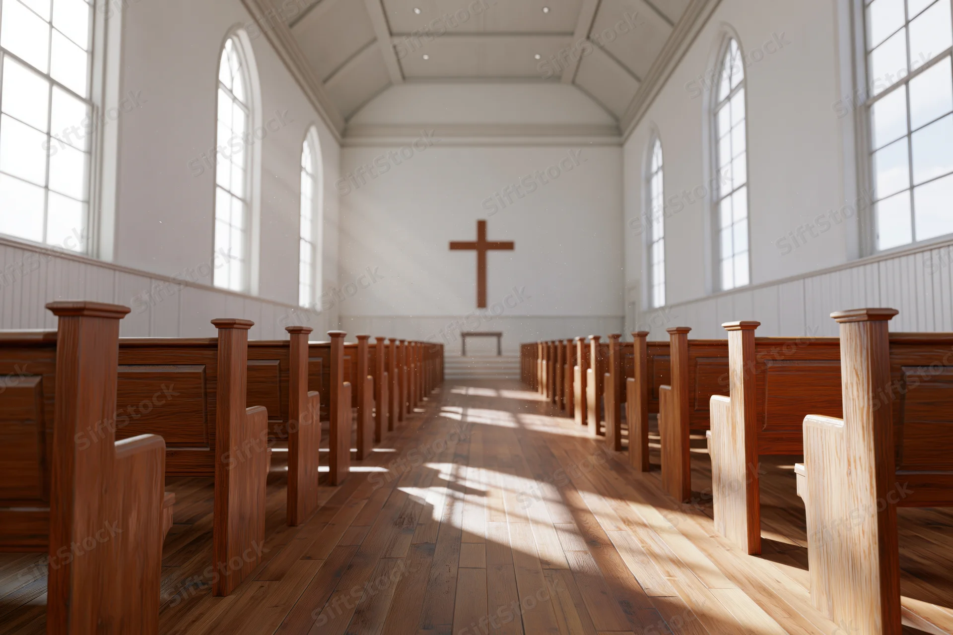 Empty protestant church interior with wooden pews and cross at the front, sunlight streaming through arched windows