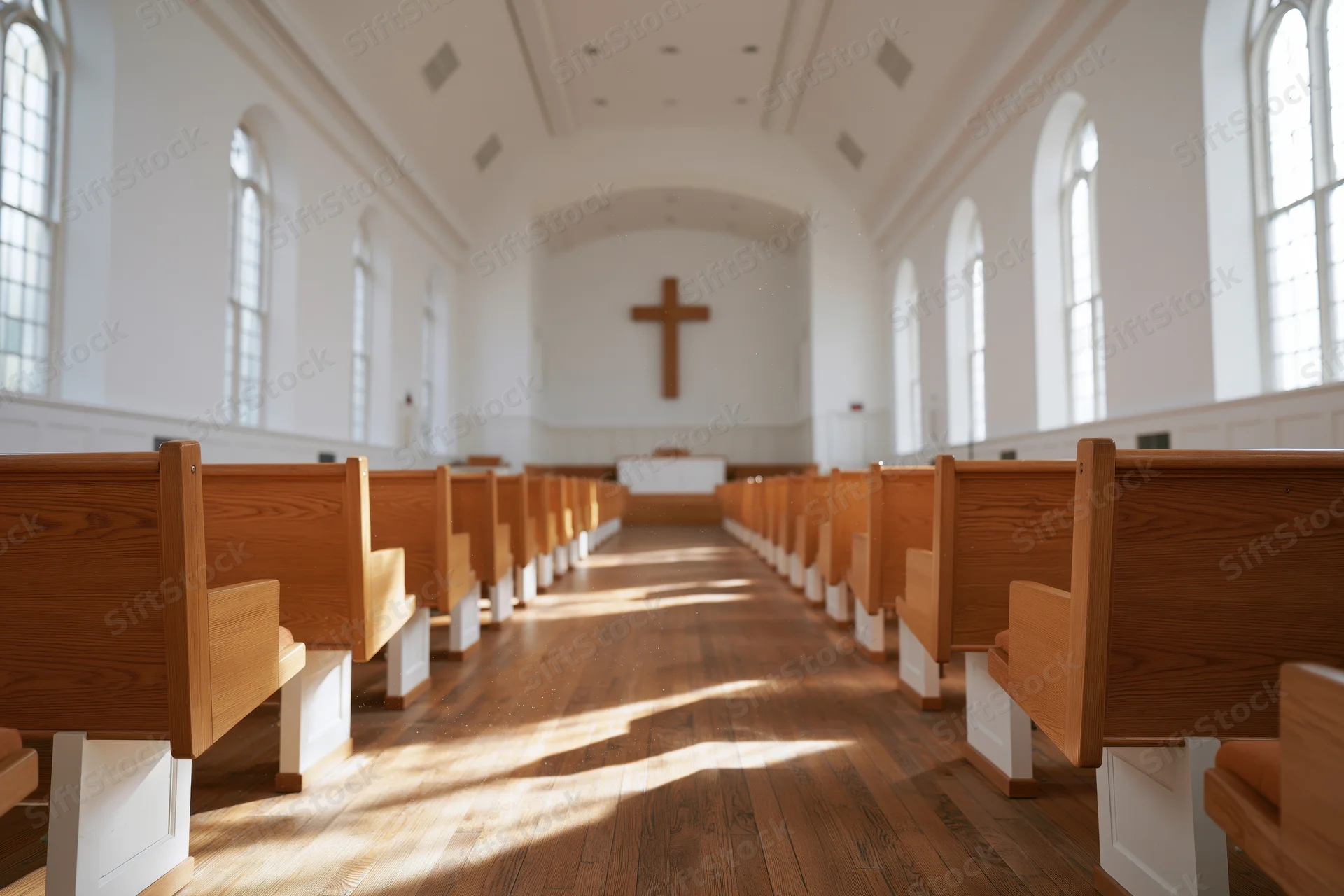 Empty protestant church interior with wooden pews and cross at the altar, sunlight streaming through arched windows