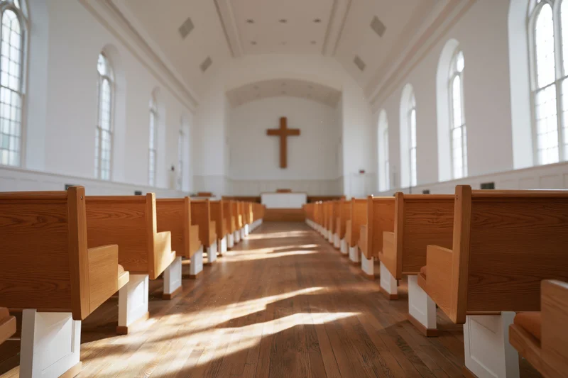 Empty protestant church interior with wooden pews and cross at the altar, sunlight streaming through arched windows