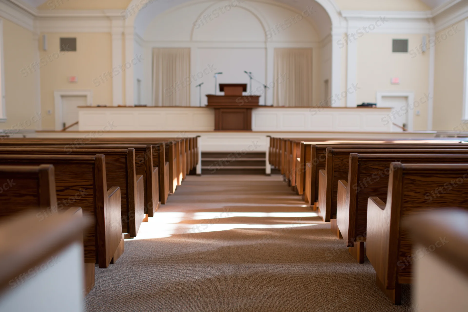 Empty church interior viewed from center aisle with rows of wooden pews leading to pulpit and altar