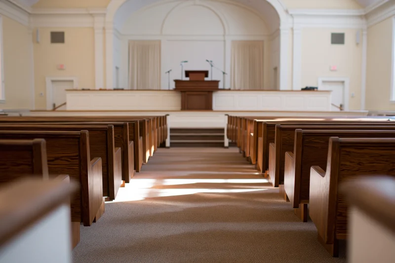 Empty church interior viewed from center aisle with rows of wooden pews leading to pulpit and altar