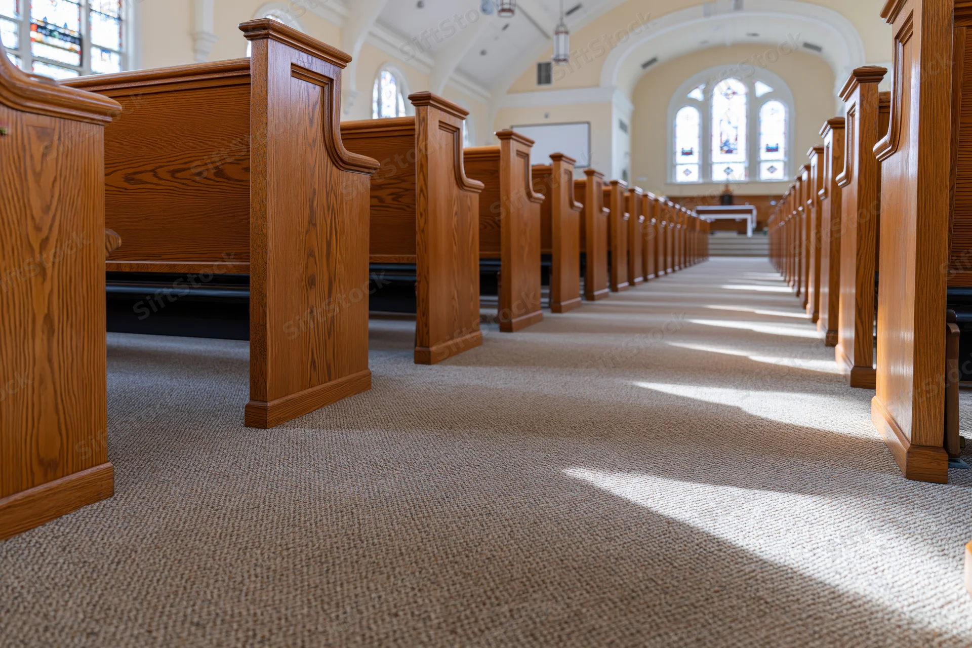 Rows of wooden pews lining a carpeted aisle in a church interior with sunlight streaming through stained glass windows