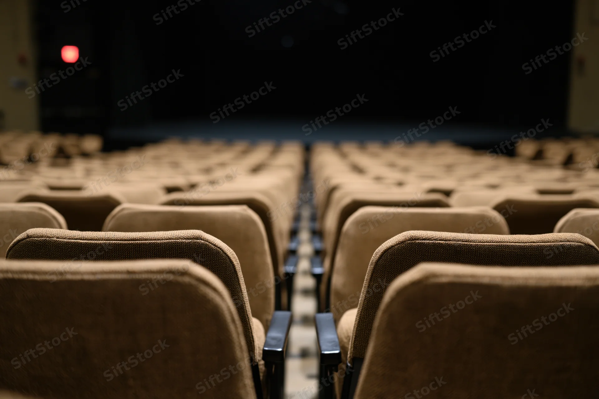 Rows of empty upholstered theater seats stretching toward a dark stage in an auditorium