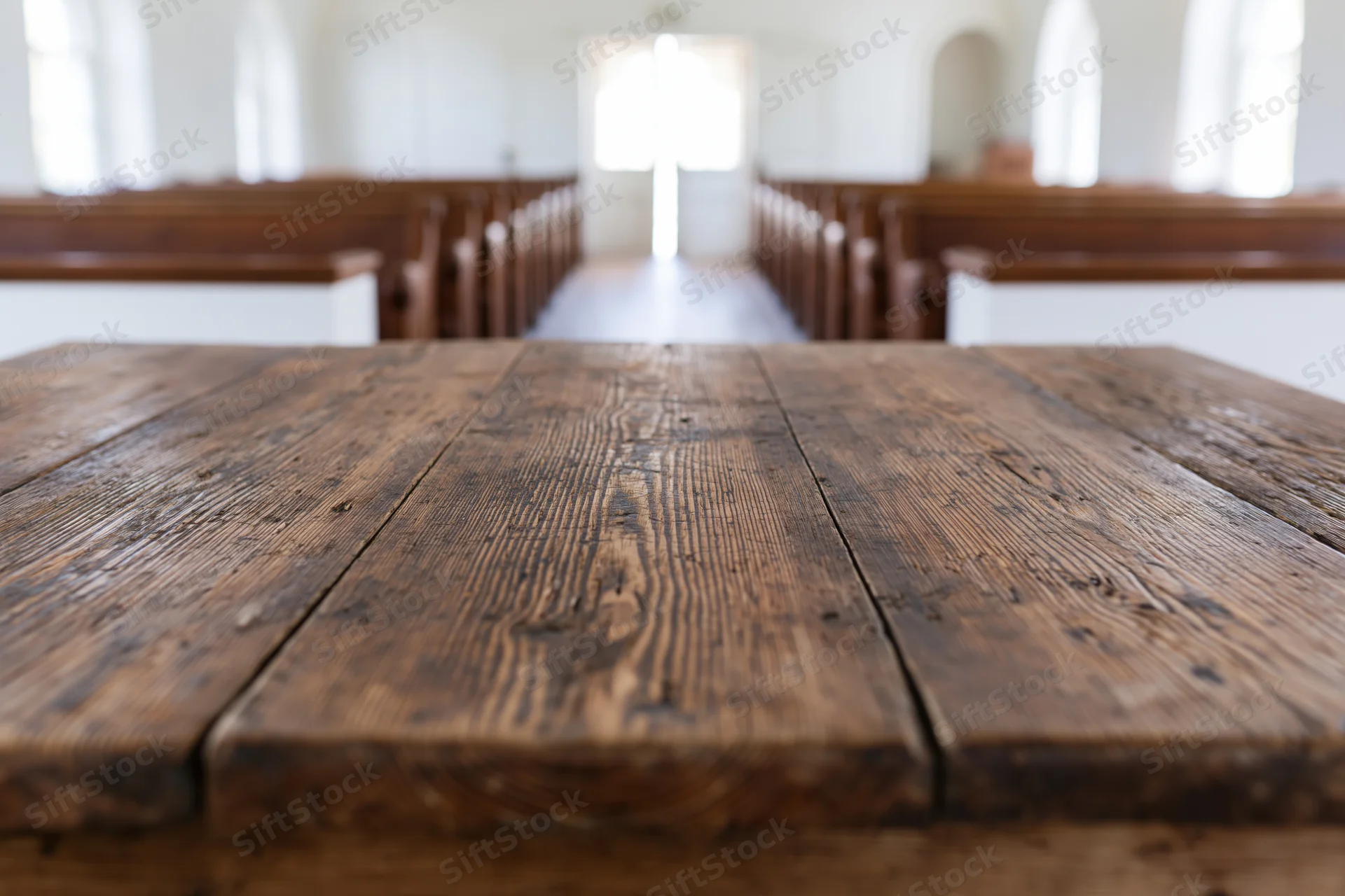 Weathered wooden table in foreground of church interior with pews and altar in soft focus background