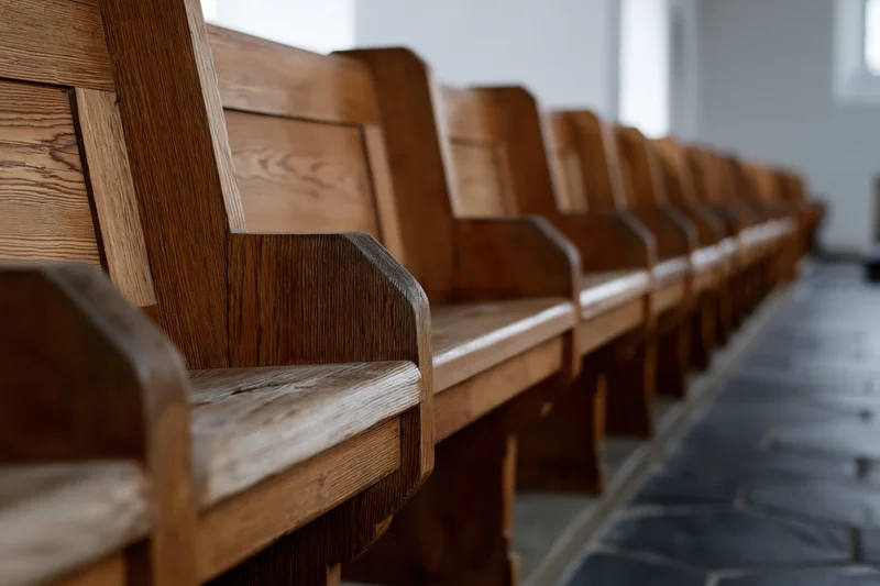 Wooden church pews in a row receding into the distance along a stone floor