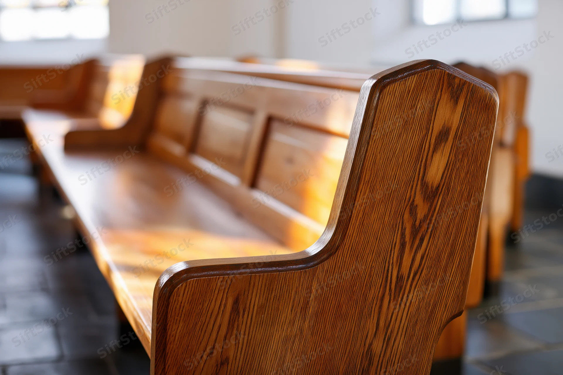 Wooden church pews in a row viewed from low angle inside a sanctuary