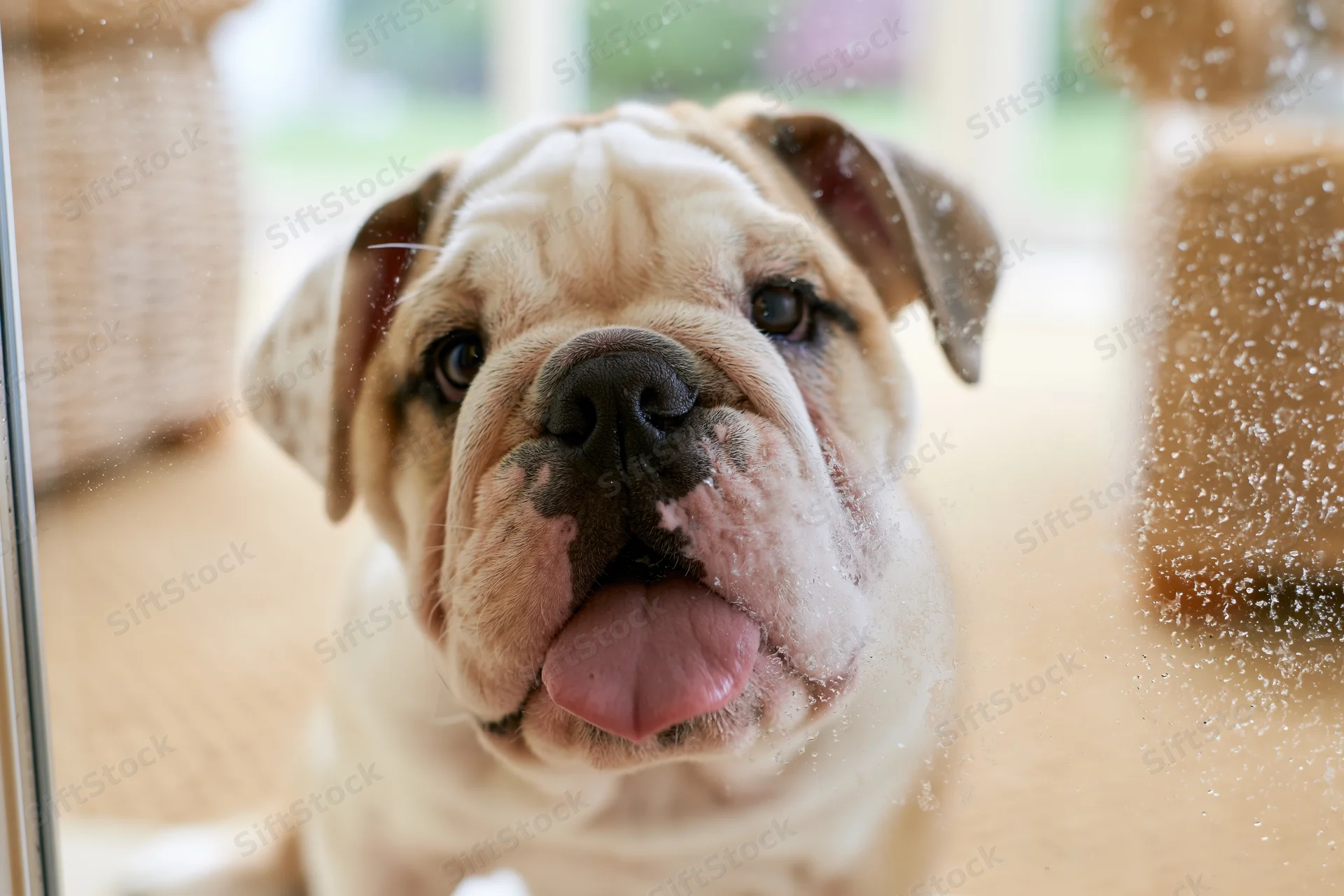 English bulldog puppy pressing face against glass door indoors