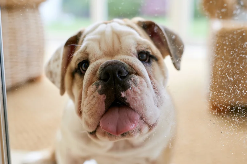 English bulldog puppy pressing face against glass door indoors