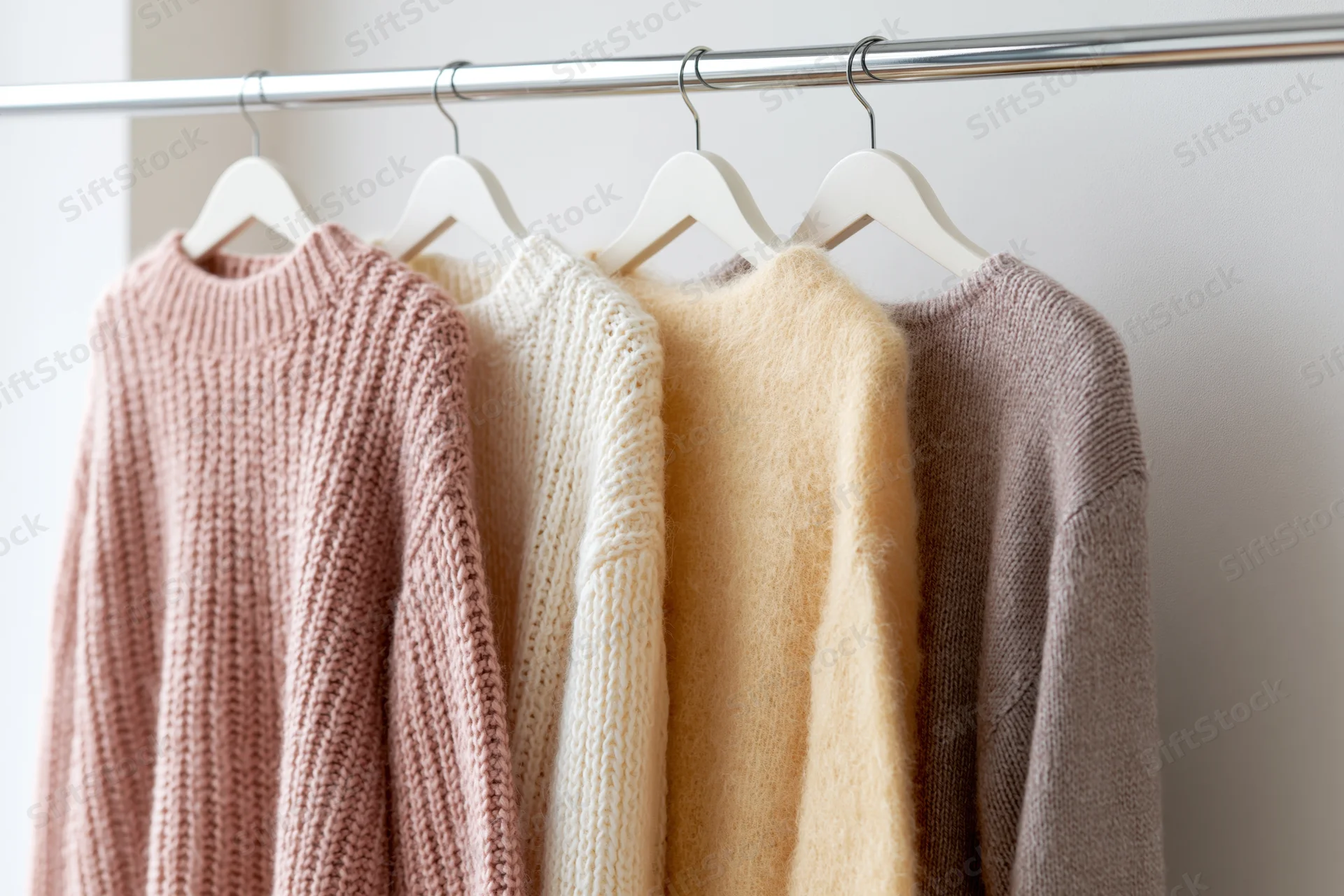 Four knit sweaters in pastel and neutral tones hanging on white wooden hangers along a metal rack in a minimalist setting