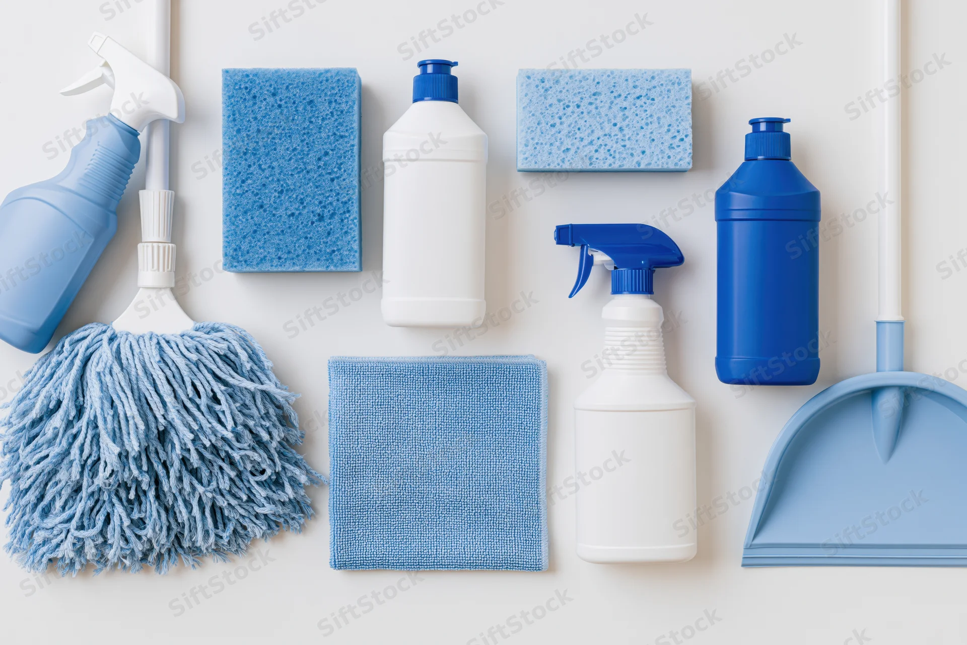 Flat lay of blue and white household cleaning supplies arranged on a white surface