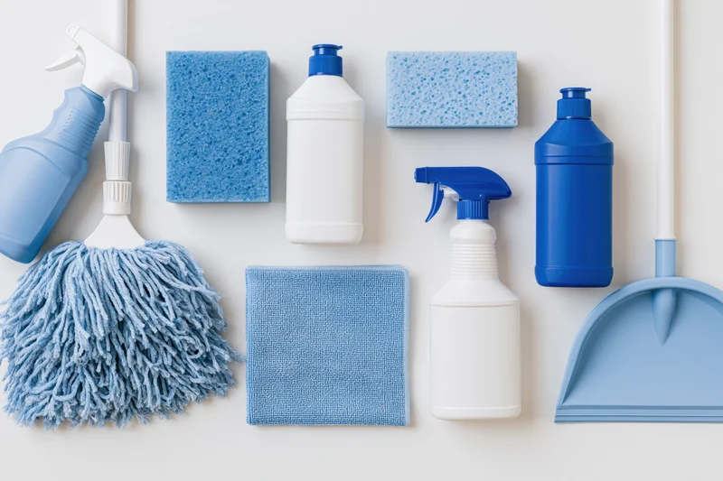 Flat lay of blue and white household cleaning supplies arranged on a white surface