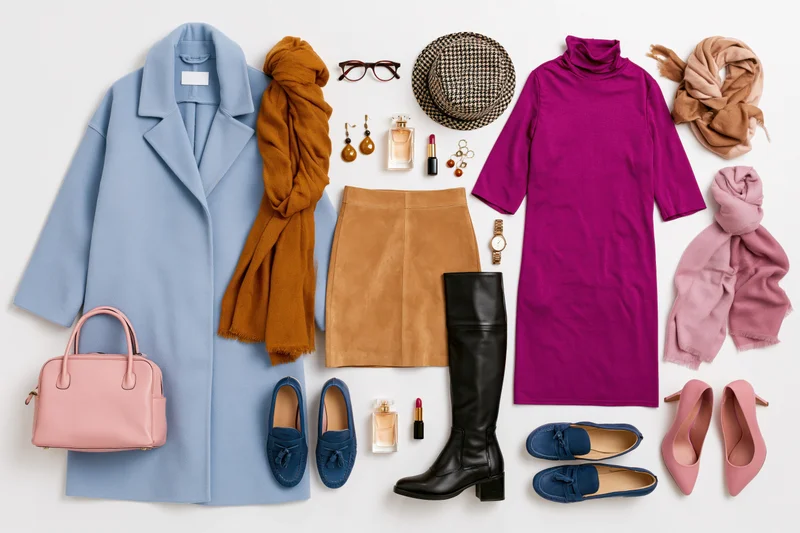Flat lay arrangement of women's clothing and accessories on white background