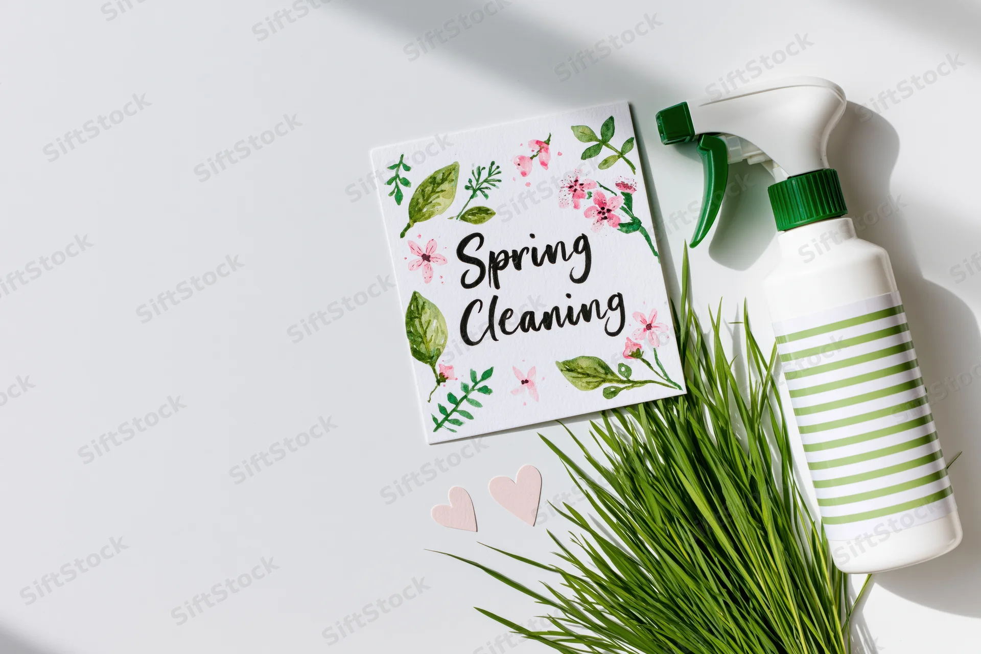 Spring cleaning card with floral design and spray bottle on white surface with green grass and paper hearts