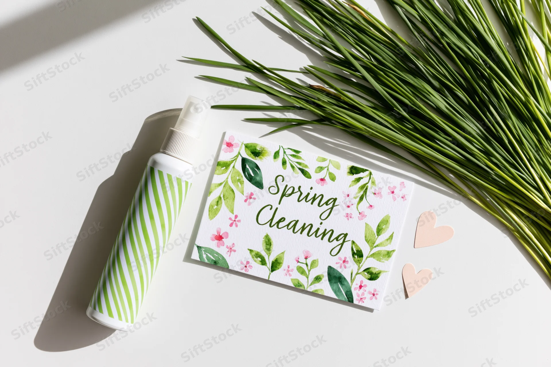 Spring cleaning card with floral design and greenery arranged in flat lay on white surface