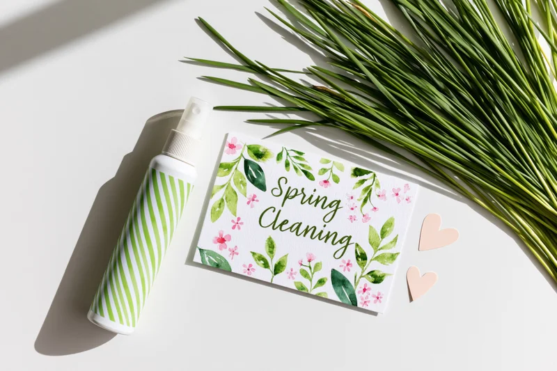 Spring cleaning card with floral design and greenery arranged in flat lay on white surface