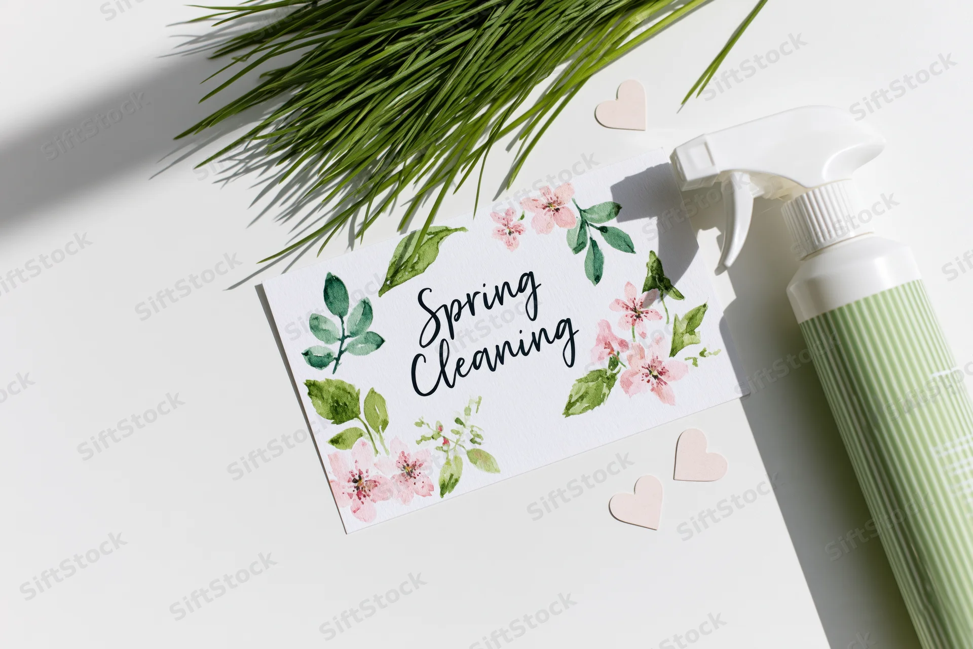 Spring cleaning card with floral design and spray bottle on white surface