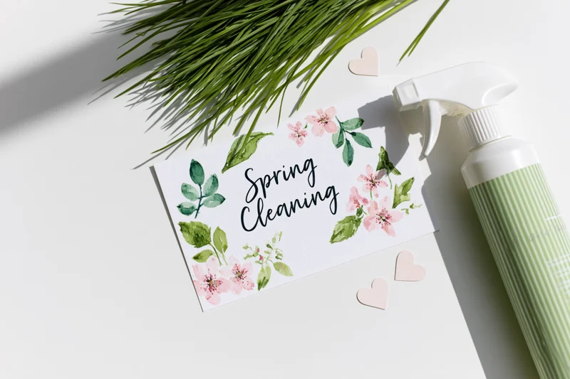 Spring cleaning card with floral design and spray bottle on white surface