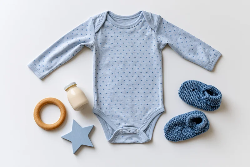 Pale blue long-sleeve baby bodysuit with tiny hearts pattern laid flat with knit booties, wooden teether, star toy, and milk bottle on white background