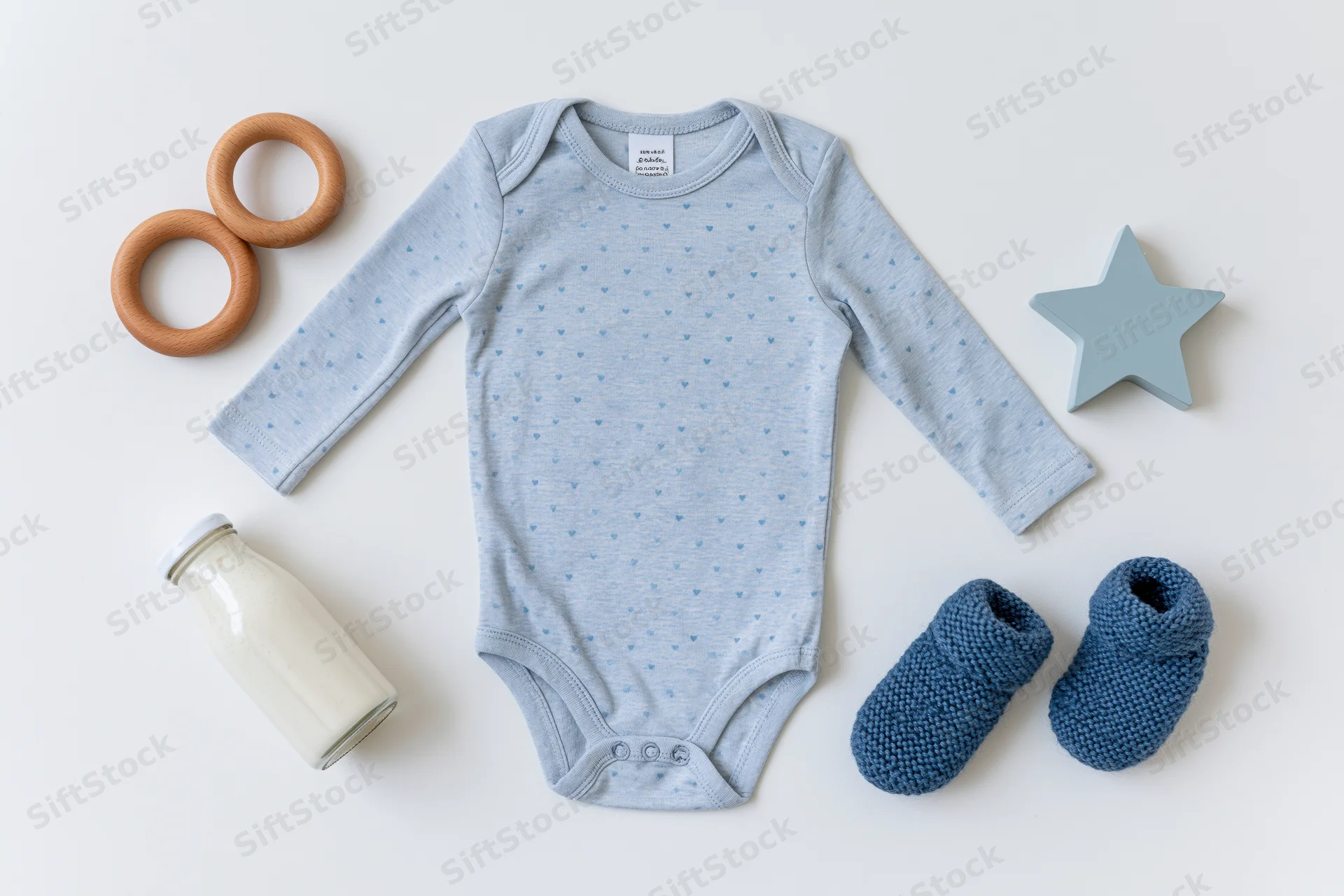 Pale blue long-sleeve baby bodysuit with tiny hearts laid flat on white surface surrounded by wooden rings, glass milk bottle, knitted booties and star-shaped toy