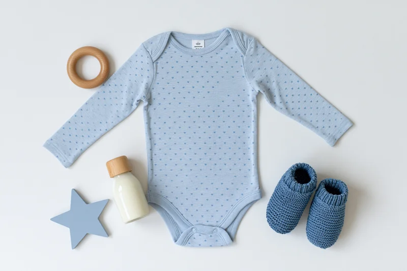 Pale blue long-sleeve baby bodysuit with tiny hearts, wooden teether, milk bottle, knitted booties and star toy arranged on white surface