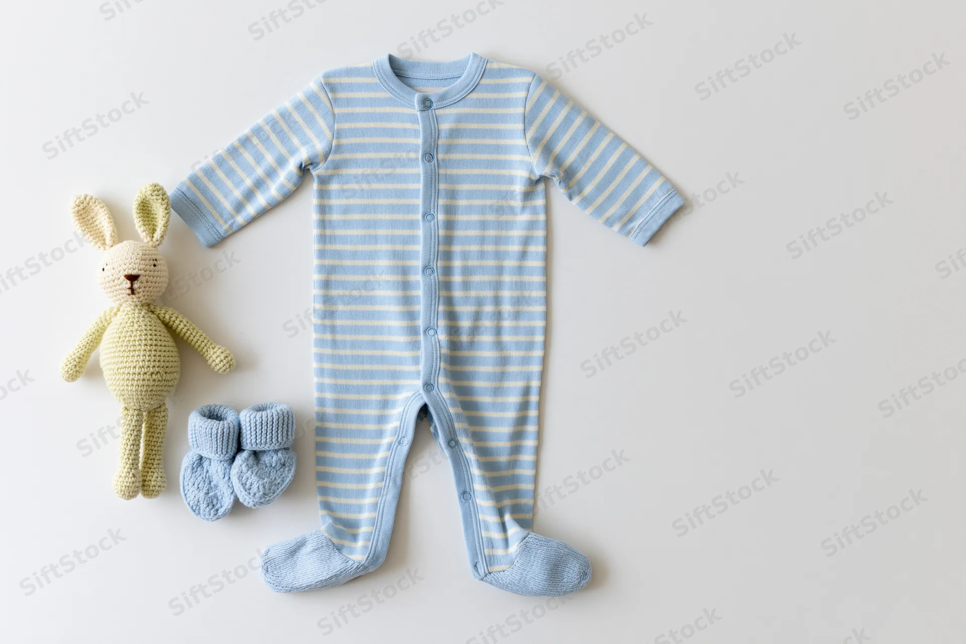 Baby onesie with matching booties and crocheted bunny toy arranged in flat lay on white surface