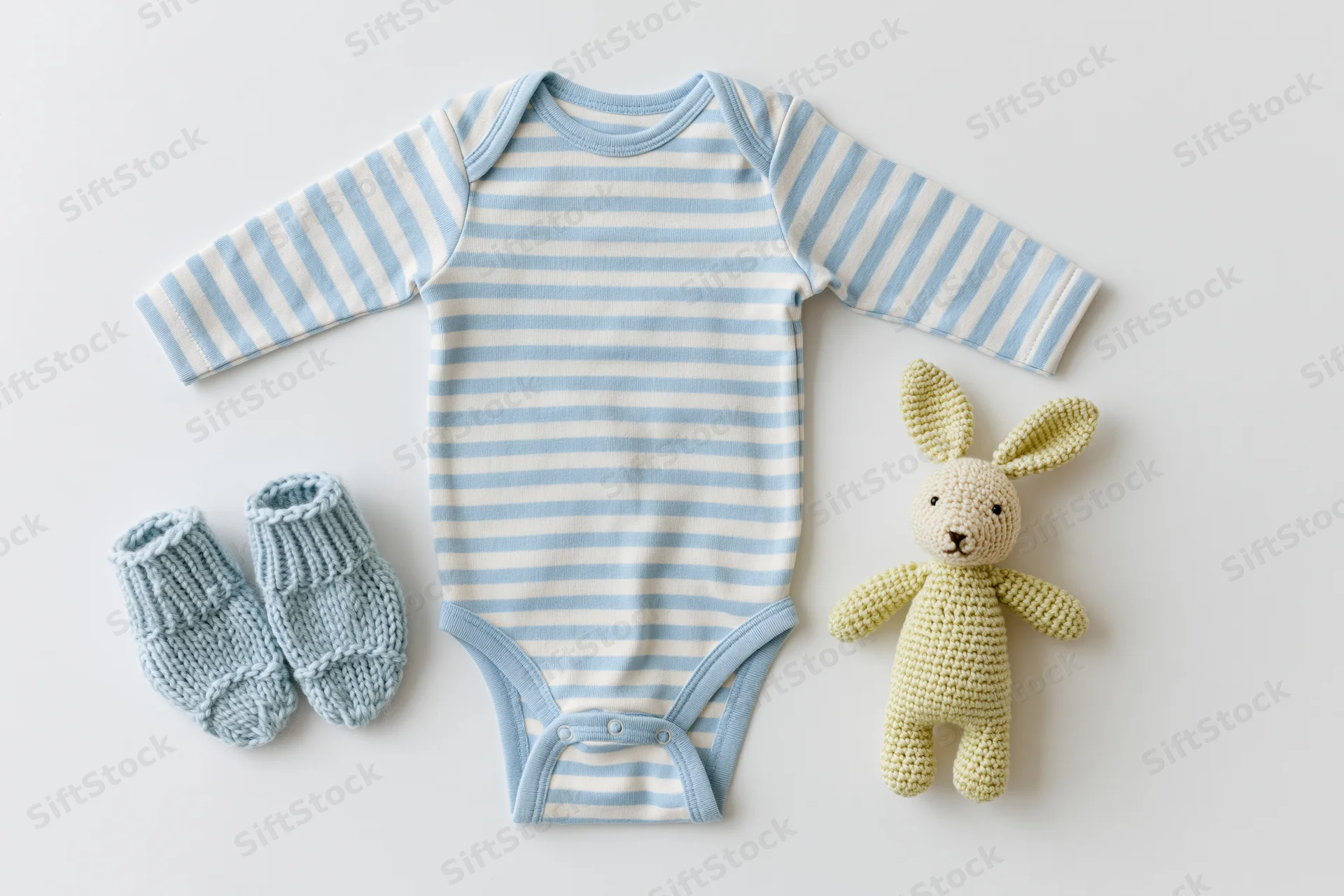 Baby onesie with striped pattern, knit socks and crocheted rabbit toy arranged flat on white surface
