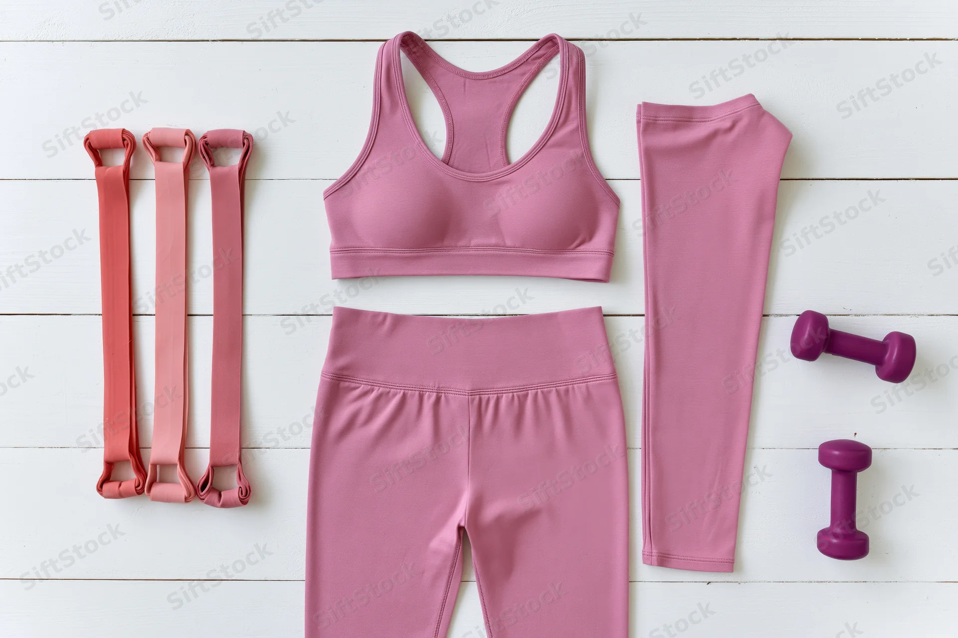 Pink sports bra and matching leggings with resistance bands and dumbbells arranged on white wooden surface