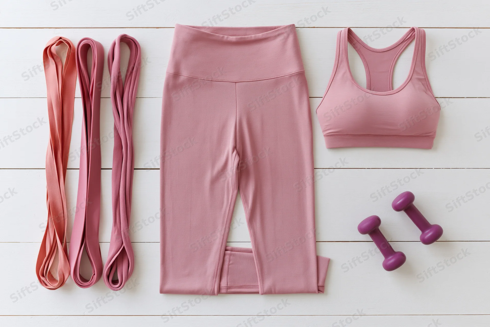 Pink sports bra and matching leggings with resistance bands and dumbbells arranged on white wooden surface