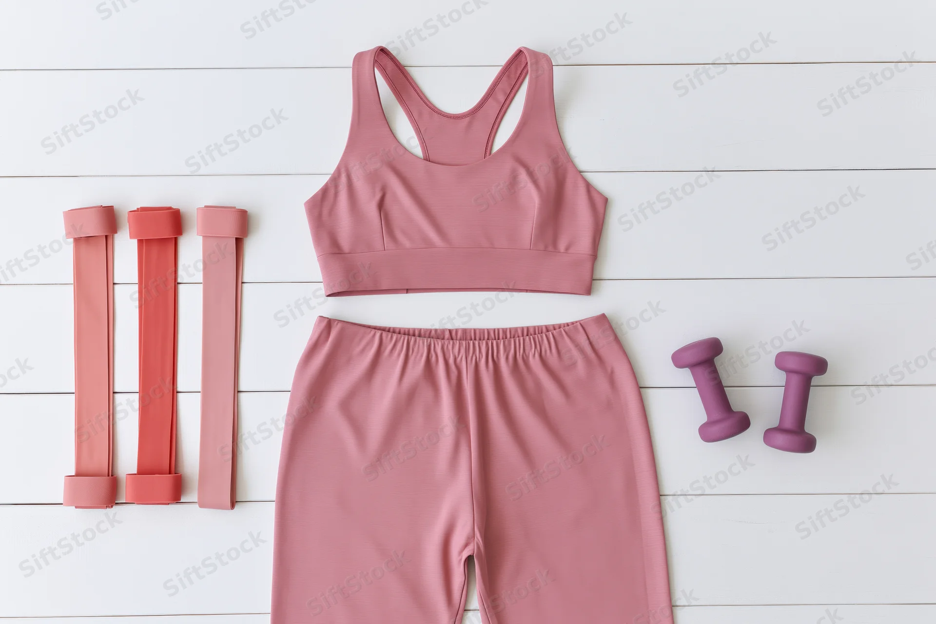 Pink sports bra and matching leggings with resistance bands and dumbbells arranged on white wooden surface