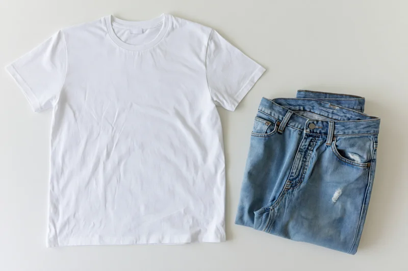 Plain white crew-neck t-shirt and folded blue jeans laid flat on a light surface