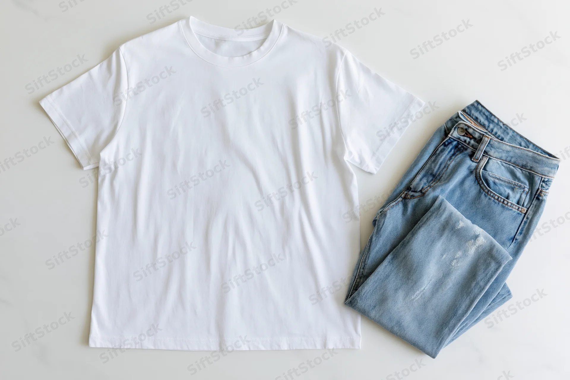 Plain white crew-neck t-shirt and folded blue jeans laid flat on a marble surface